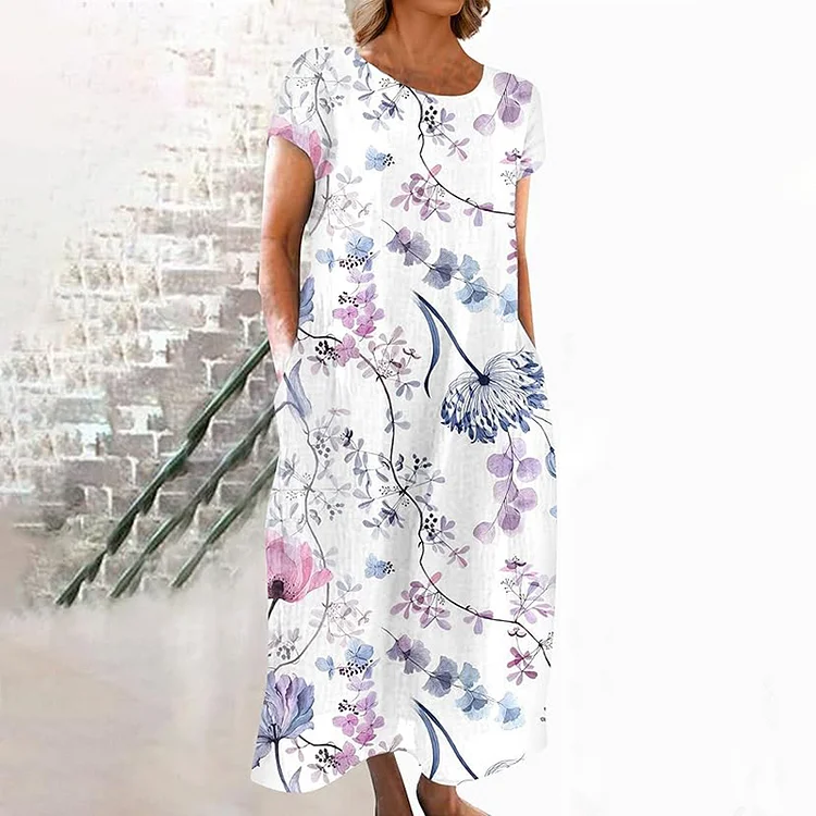 VChics Vintage Blossom Japanese Linen Flowy Midi Dress