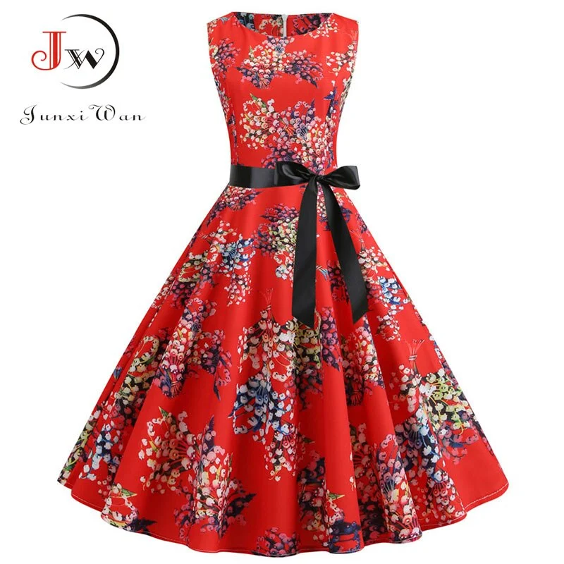 White Floral Print Women Summer Dress Sleeveless Elegant Vintage Party with Belt 50s 60s Robe Femme Casual Midi Dress