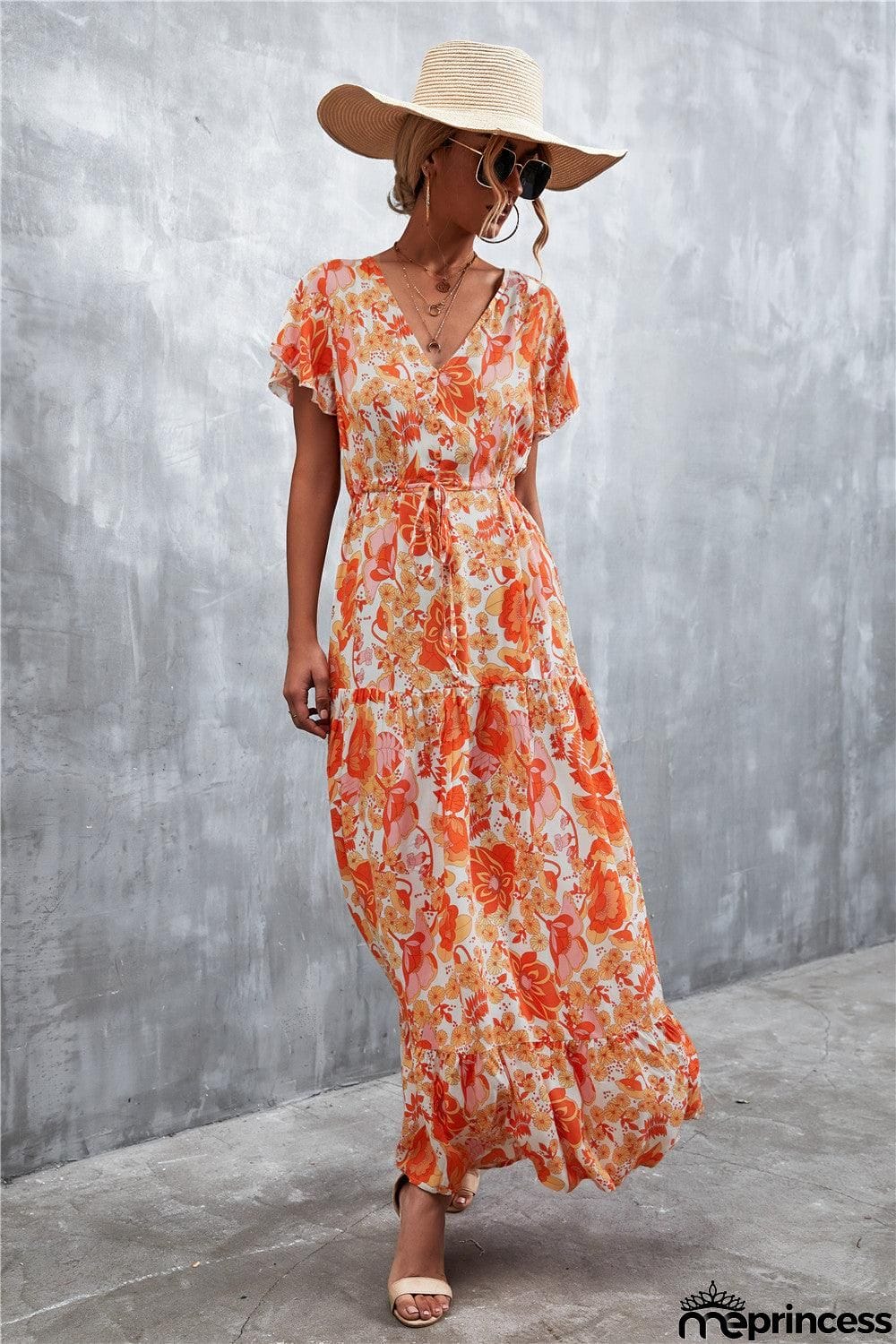 Floral Buttoned Drawstring Waist Tiered Dress