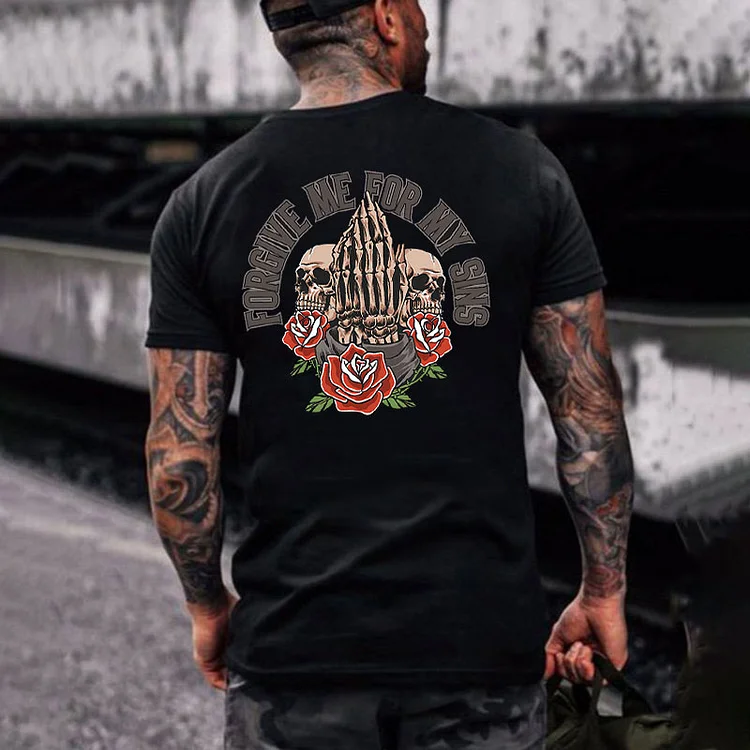 FORGIVE ME FOR MY SINS Skulls with Roses Black Print T-Shirt