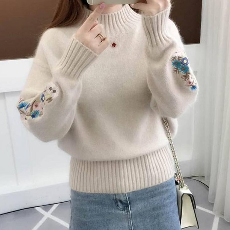 Women's Half High Neck Solid Thickened Embroidered Outerwear Long Sleeve Sweater 