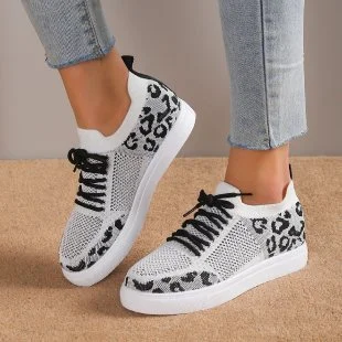 Yyvonne Women 2025 New Leopard Round Head With Flat-Soled Mesh Casual Sports Women's Single Shoes