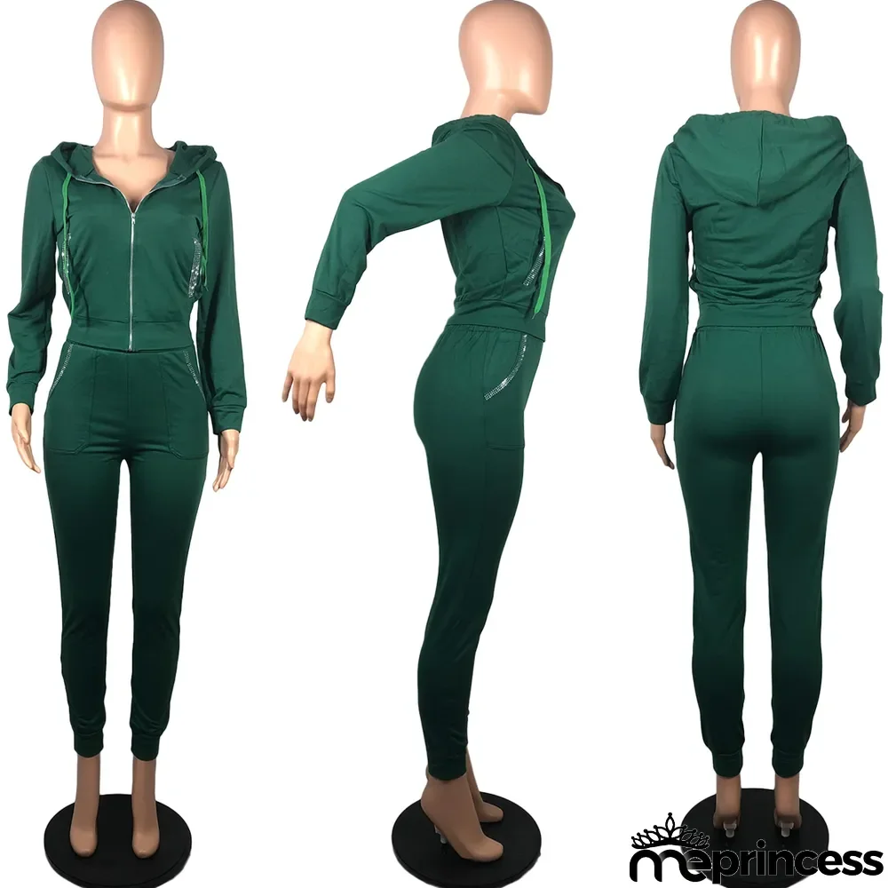 Solid Color Hooded Sports Casual Two Piece Set