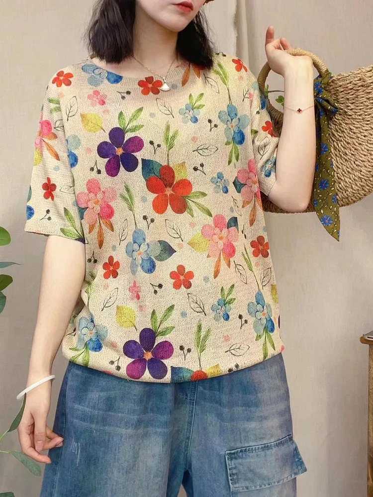 Women Summer Casual Flower Knitted Loose Linen Shirt