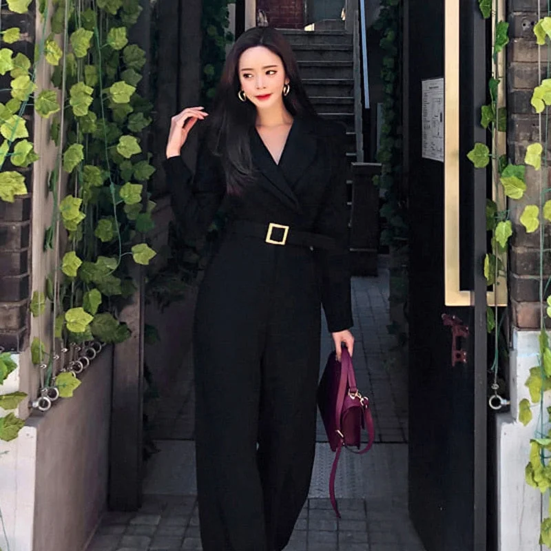 Office Lady Elegant Wide Leg Jumpsuits Women Autumn Solid Color Rompers Belted Waist Office Wear Playsuits Long Pants Overalls