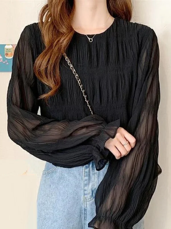 Flared Sleeves Roomy Pleated Pure Color Round-Neck T-Shirts