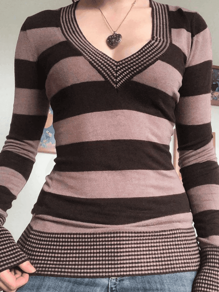 Brownm V Neck Striped Knit Top