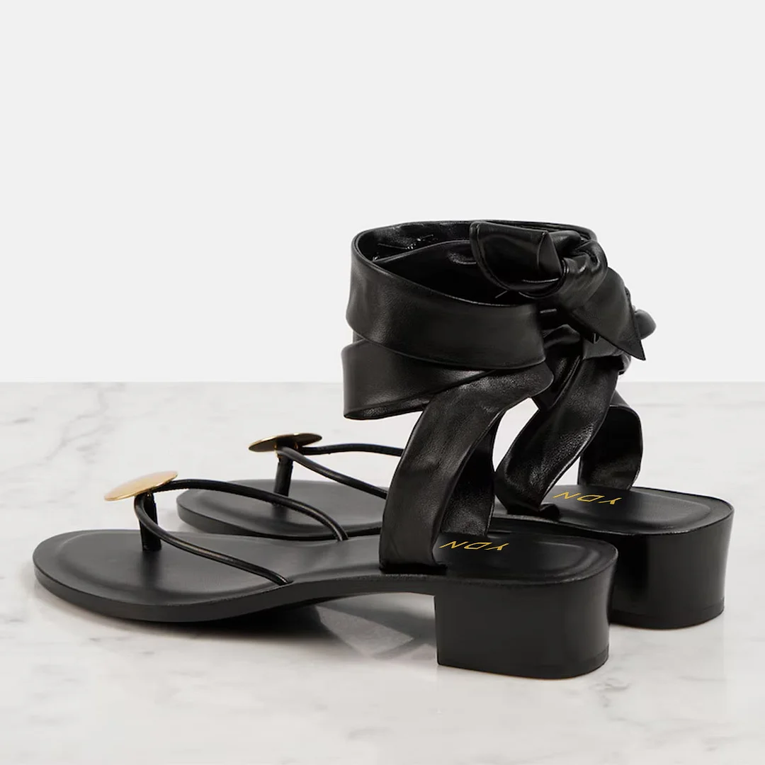  Ankle Strap Buckle Open Toe Block Heel Black Sandals for Women