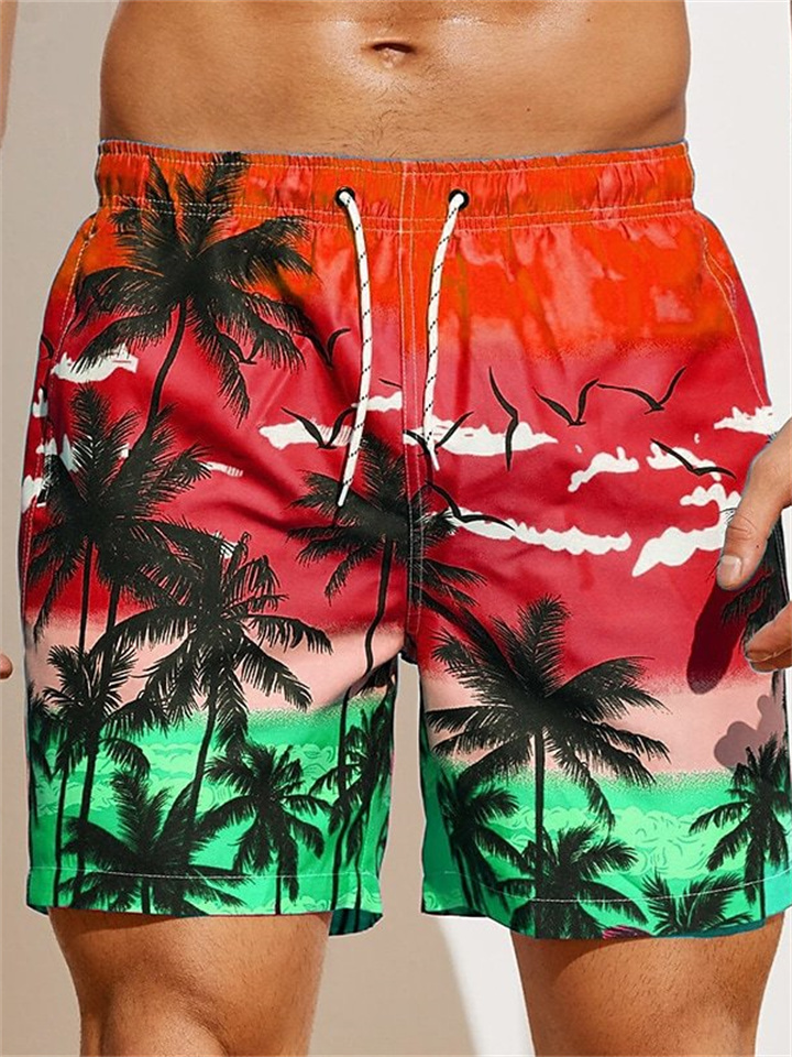 Men's Drawstring Shorts Coconut Tree Seagull Print Red Blue Purple Green