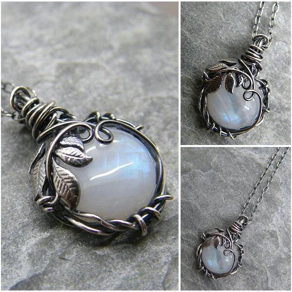 925 Blue Moonstone Silver Leaf Necklace