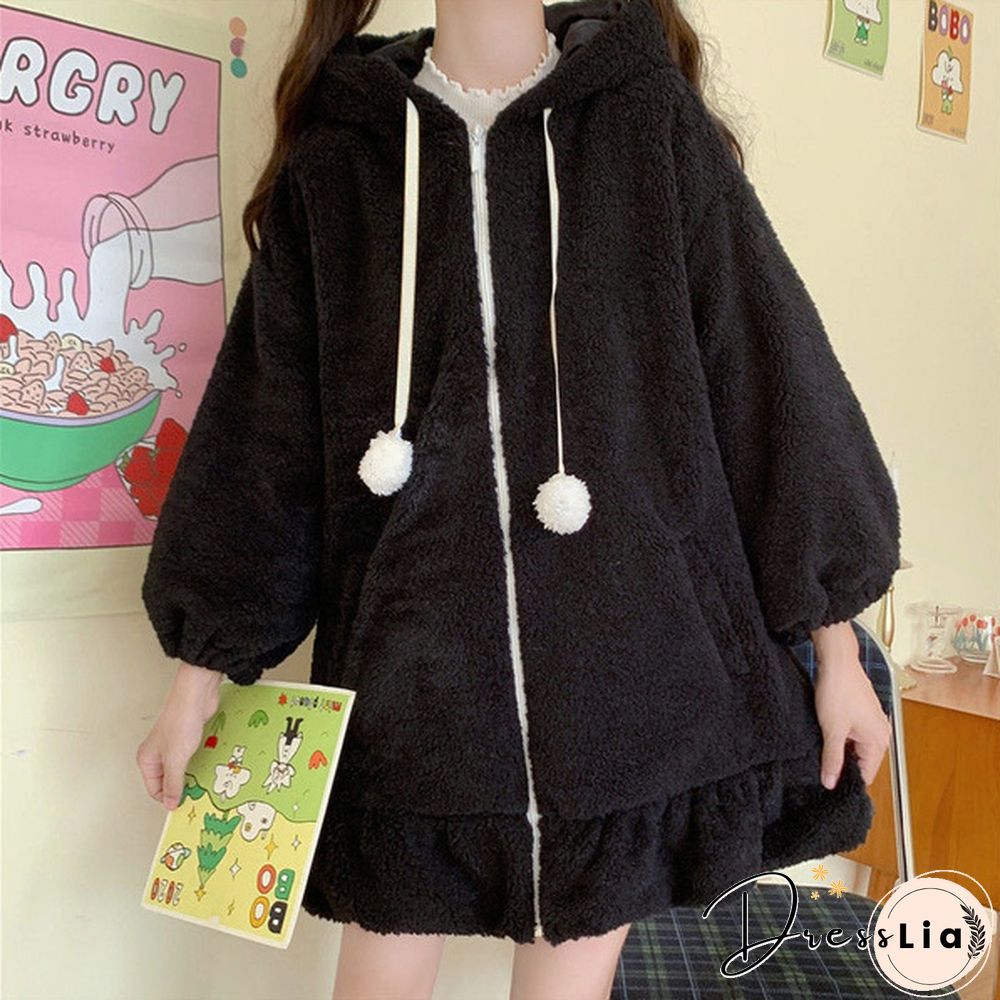 New Women Kawaii Zipper Hooded Coat Rabbit Ears Cute Sweet Girls Harajuku Style Warm Jacket