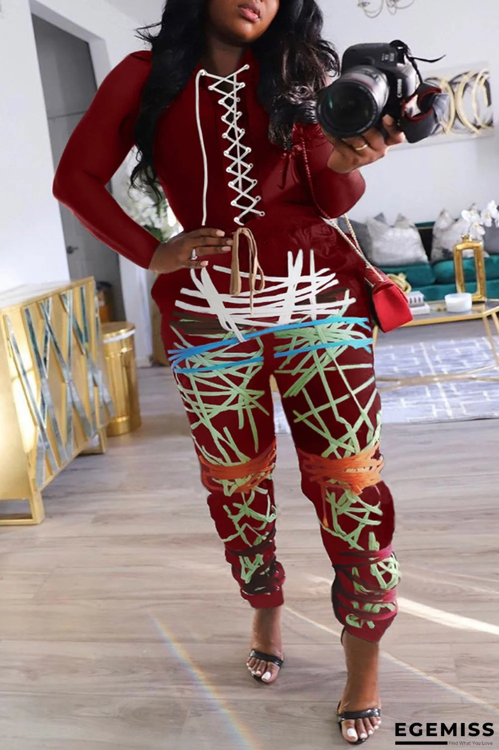 Wine Red Fashion Street Print Pants Bandage Design Solid Color Tops Two Piece Set | EGEMISS