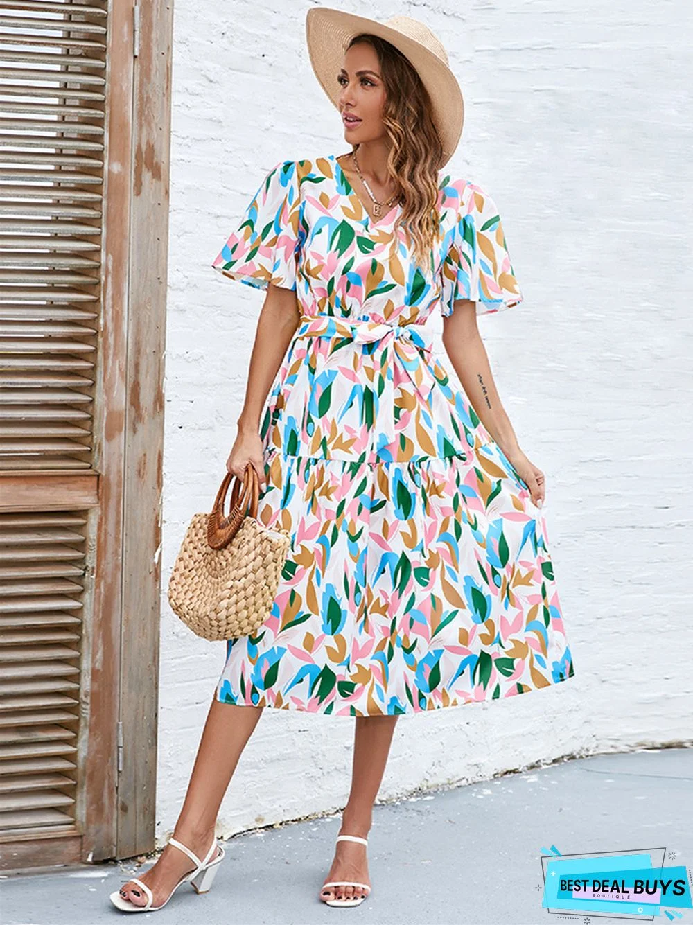 Bubble Sleeve V-Neck Strapping High Waist Long Dress