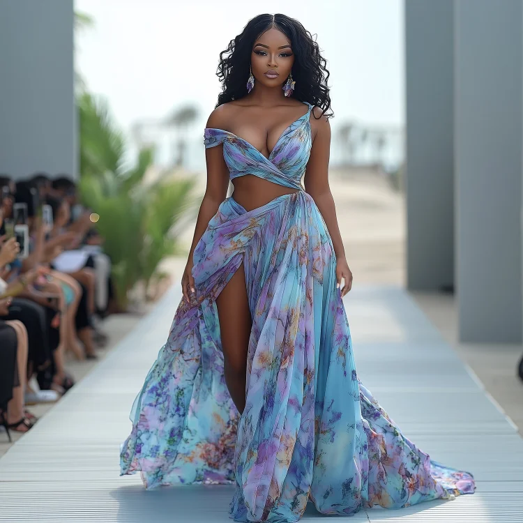 Deep V Neck Cutout High Slit Printed Maxi Dresses-Light Blue [Pre Order]