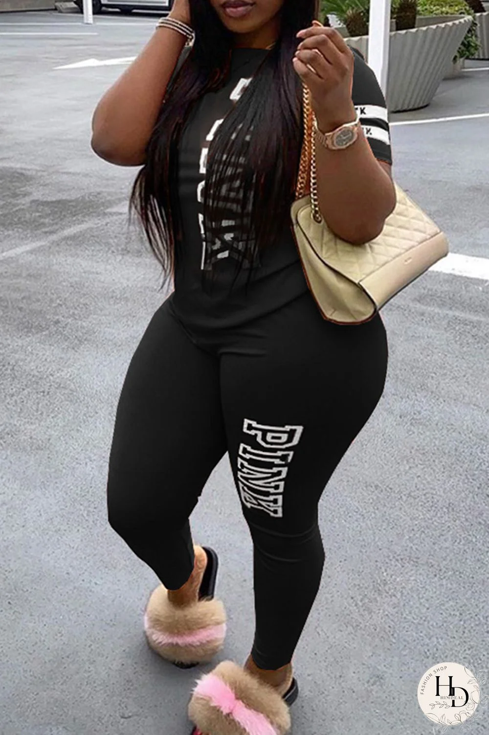 Yellow Fashion Casual Letter Print Basic O Neck Plus Size Two Pieces