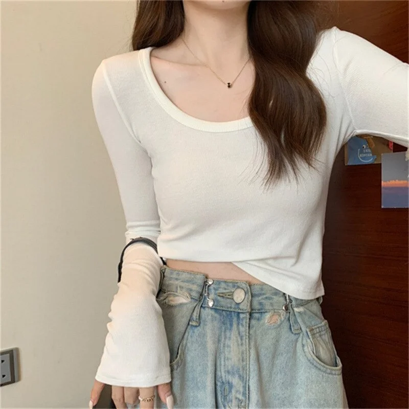 Basic Cotton T Shirt Women U-neck Slim Tshirt Long Sleeve T-shirts Female Casual Elasticity White Black Tee Shirt Femme Top