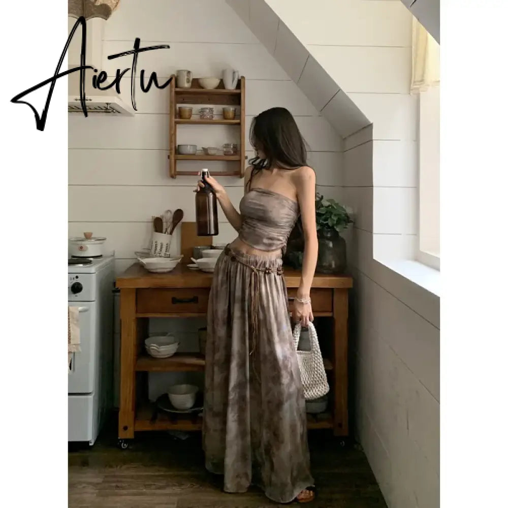 Summer Apricot Vest Skirt Womens Tie-dyed Two Piece Set Fashion Y2K Belt NEW Female Temperament Elegant Party Long Dress Aiertu