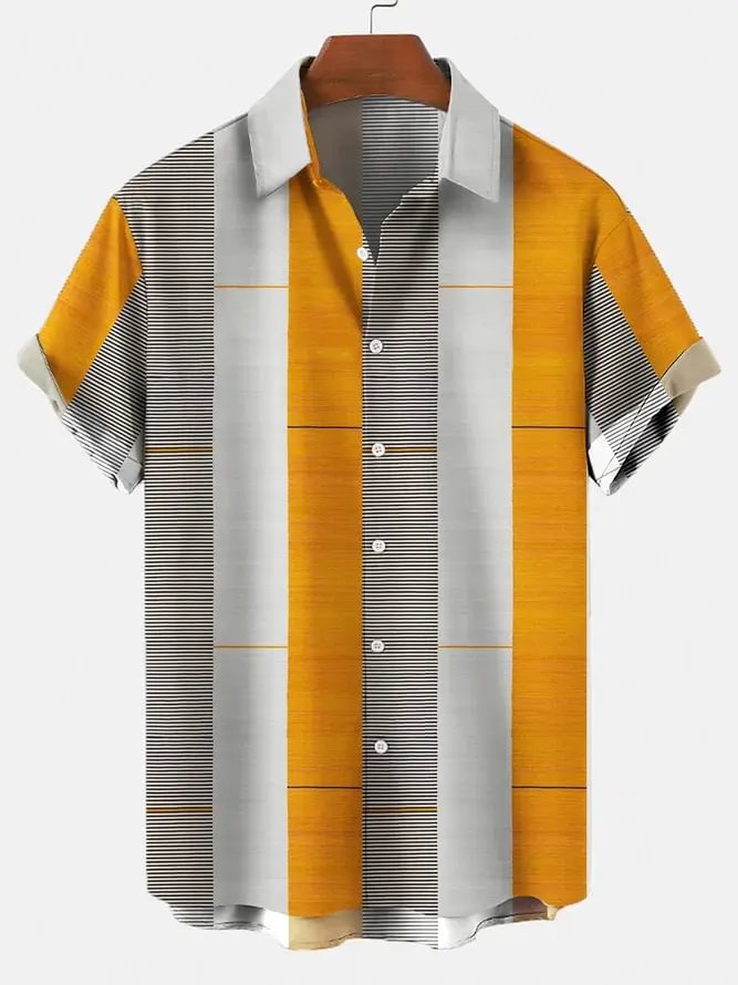Men's casual yellow striped stitching printed shirt