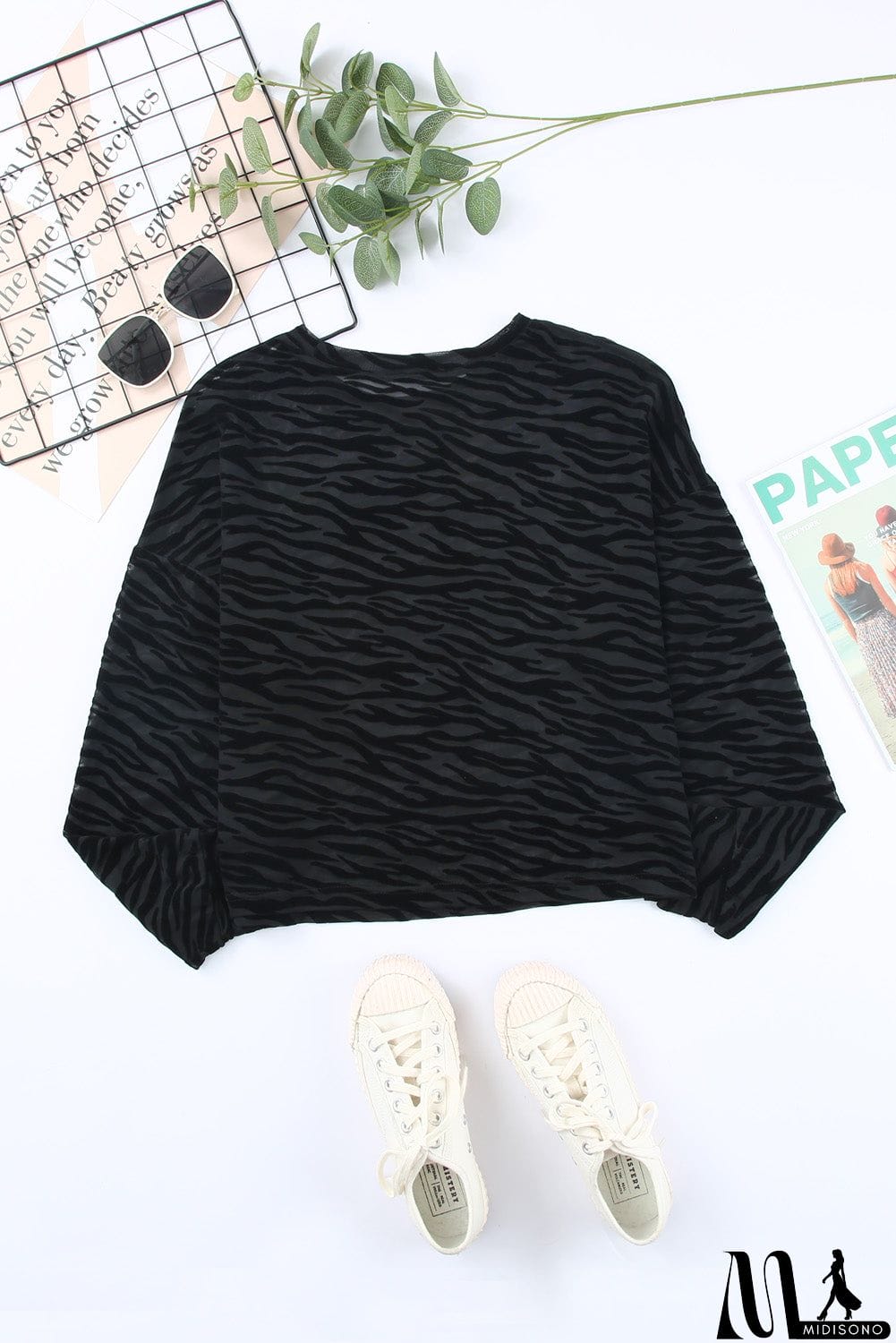 MidiSono - Zebra Print Drop Shoulder Long Sleeve Top