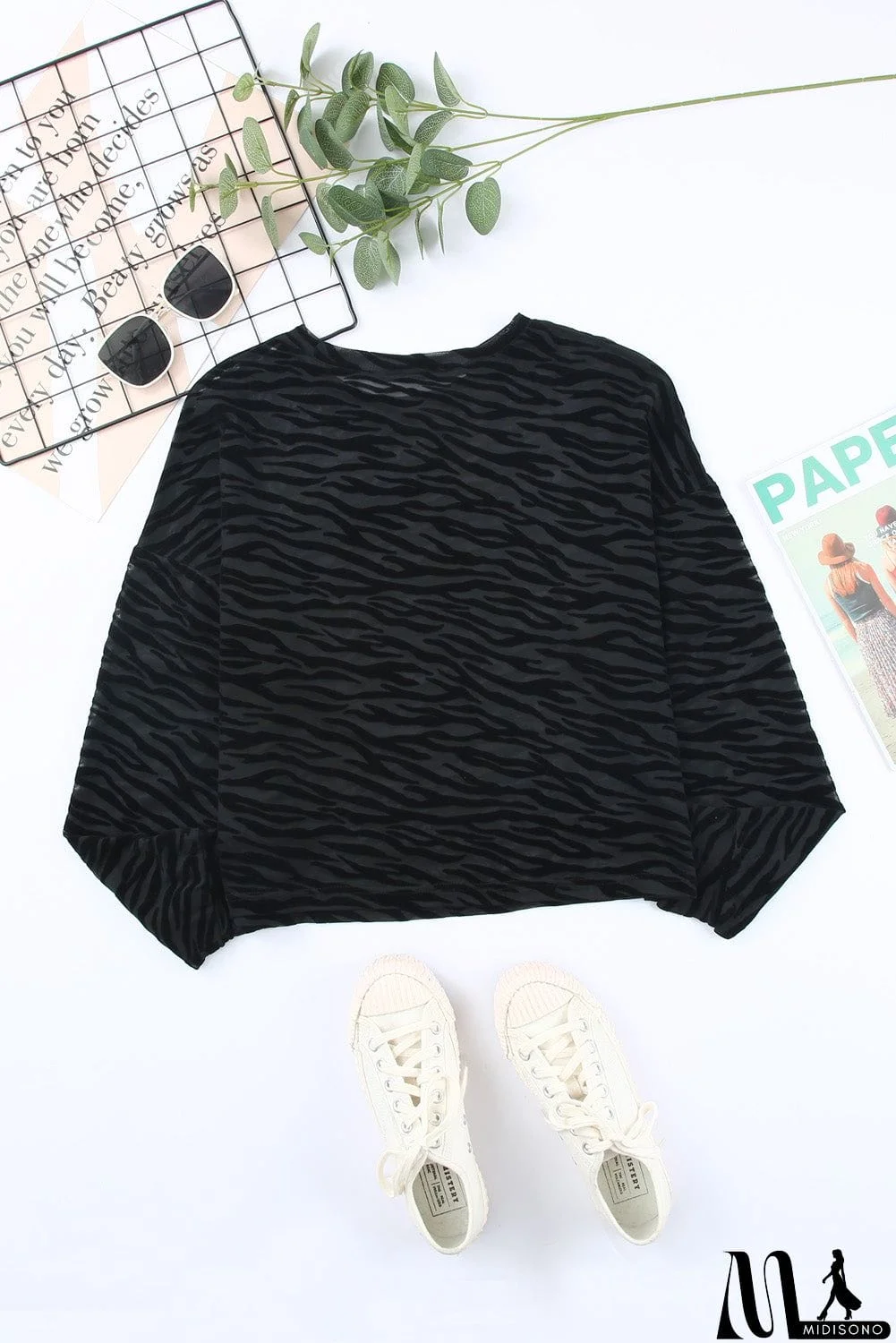 MidiSono - Zebra Print Drop Shoulder Long Sleeve Top