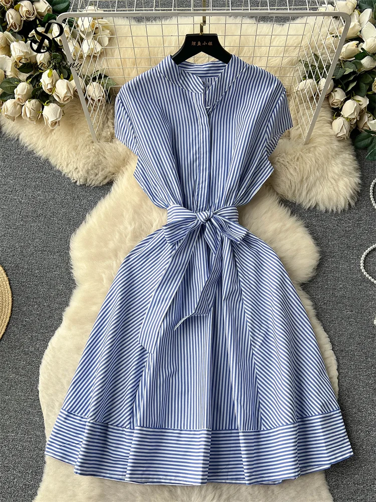 Huibahe Office Lady Stripe Sundress Covered Button Belt Bow Short Sleeves Women Gentle Korean Style Summer Casual A Line Dress