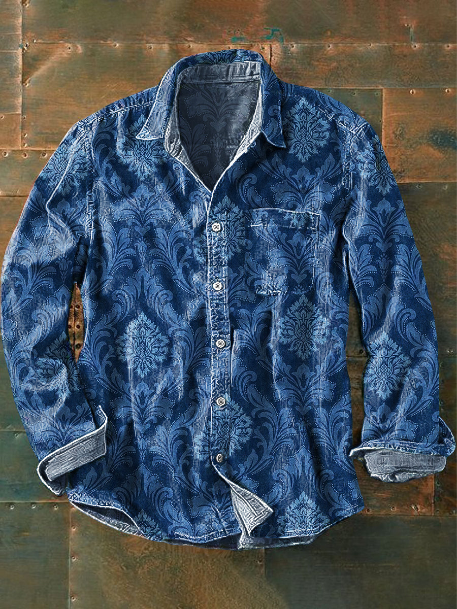 Men's Vintage Blue Floral Art Print Long Sleeve Pocket Shirt