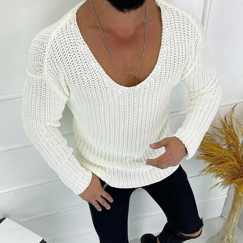 V-neck Fashion Solid Color Long-sleeved Casual Sweater、、URBENIE