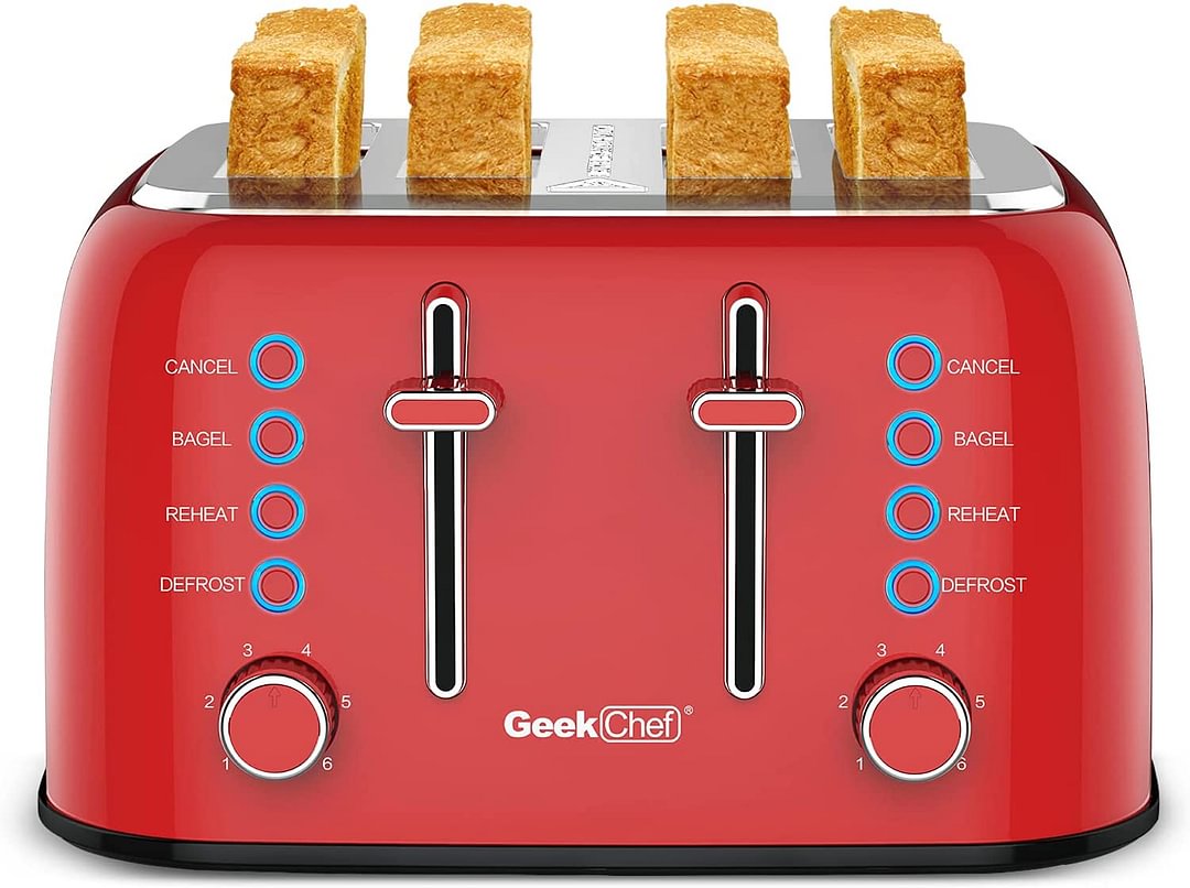 Toaster 4 Slice, Geek Chef Retro Stainless Steel Extra-Wide Slot Toaster, Bagel/Defrost/Cancel Function, 6-Shade Settings, High Lift Lever, Removable Crumb Trays
