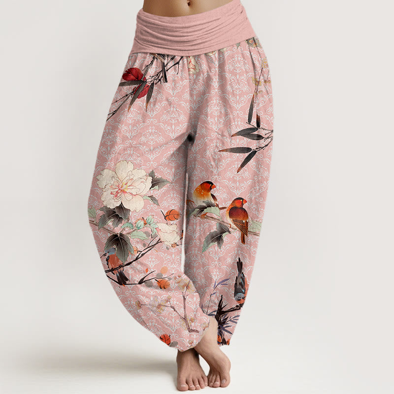 Cotton Birds Branches Flowers Pattern Women's Elastic Waist Harem Pants main image 1