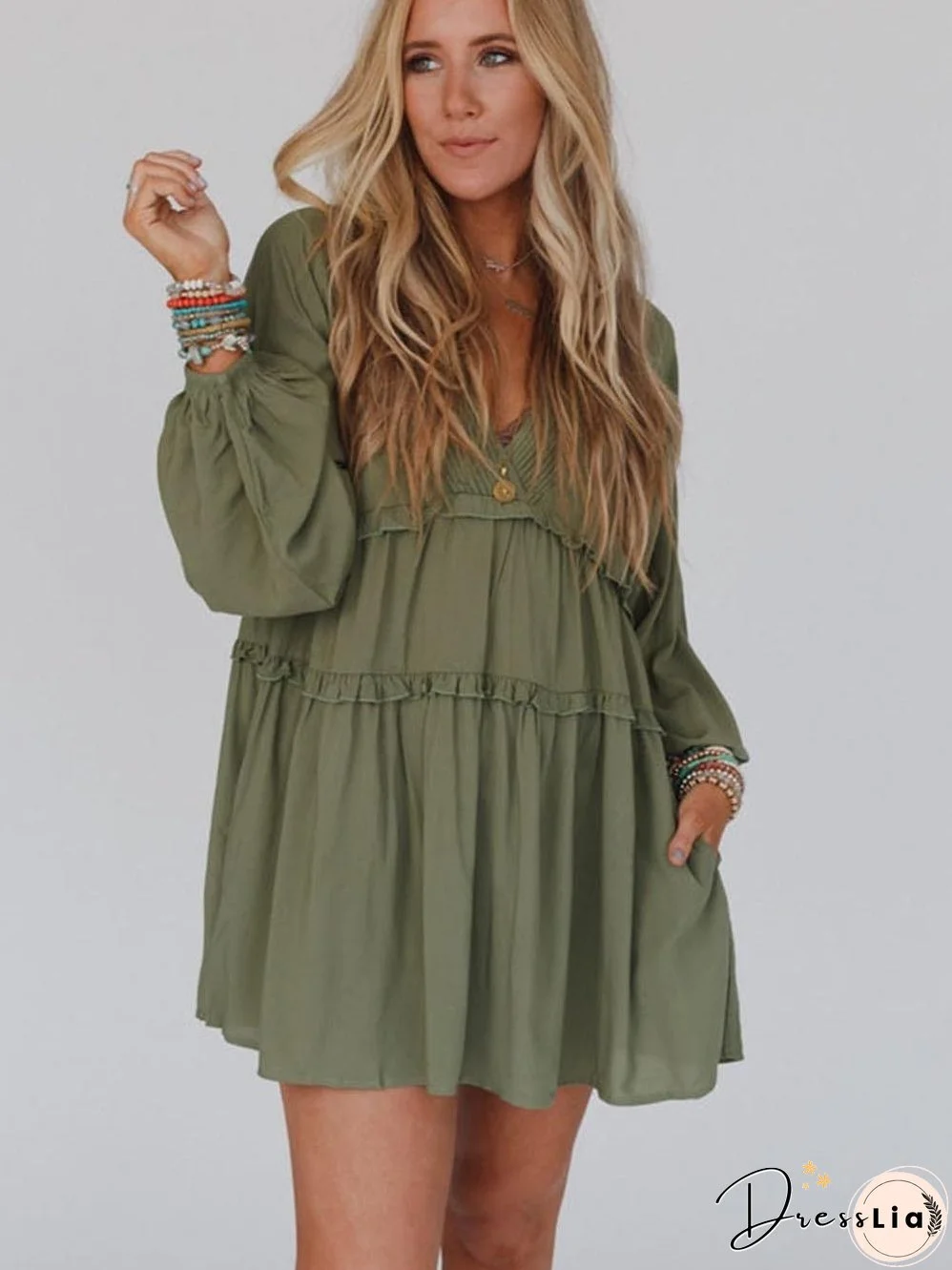 Enchanting Green Puff Sleeve Tiered Frill Mini Dress