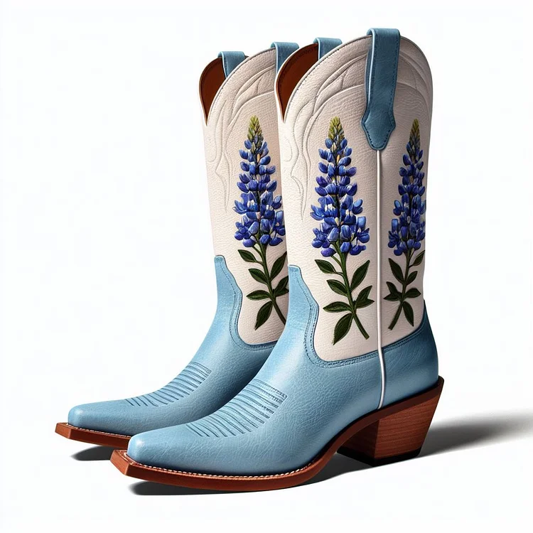 Blue & White Bluebonnet Chunky Heel Mid-Calf Cowboy Boots for Women |FSJ Shoes