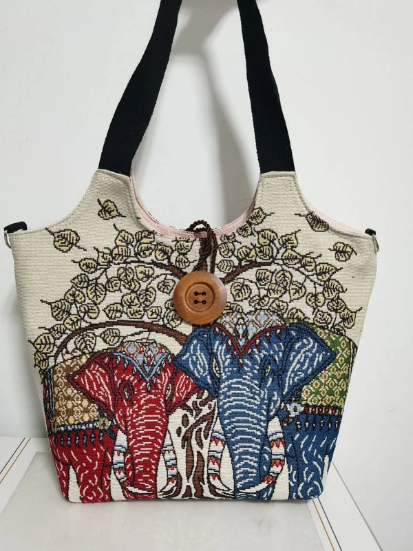 Women’s Large Canvas Elephant Ethnic Style Square Zipper Shoulder Bag