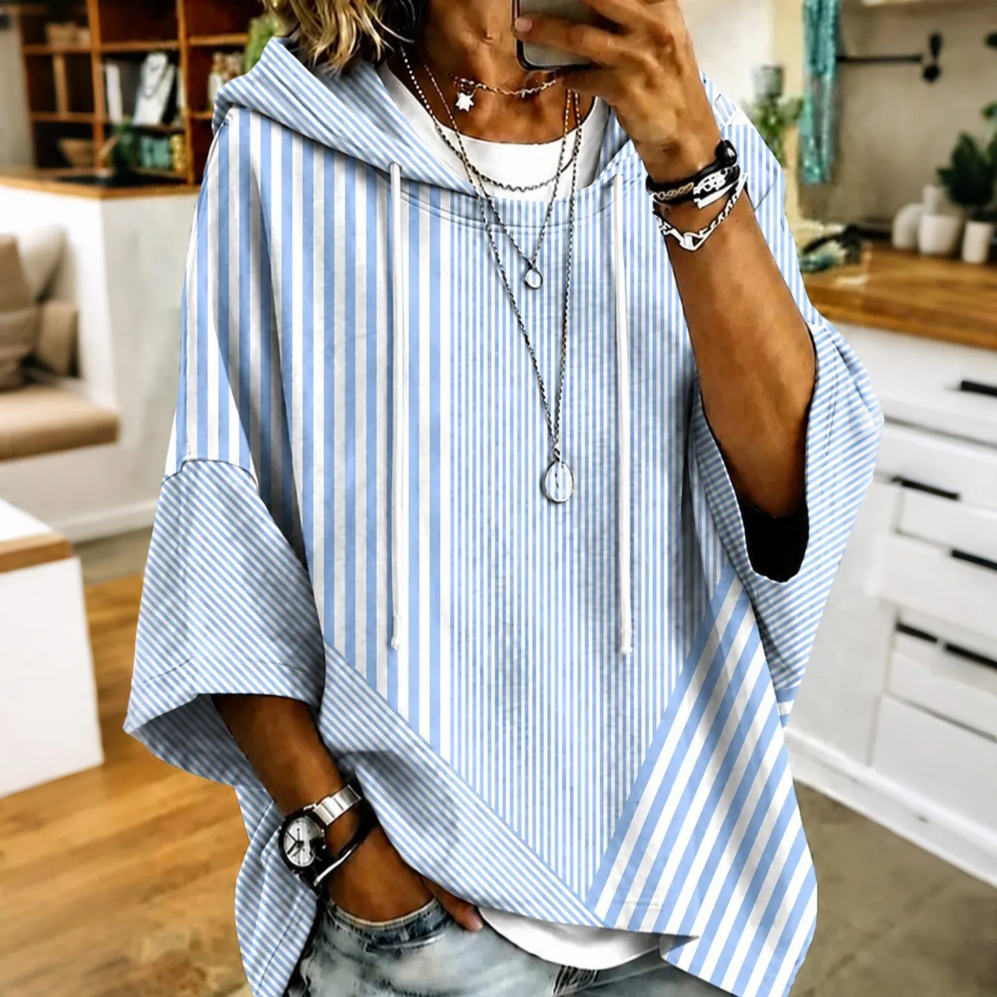 Comstylish Women's Retro Elegant Striped Art Pattern Casual Hoodie