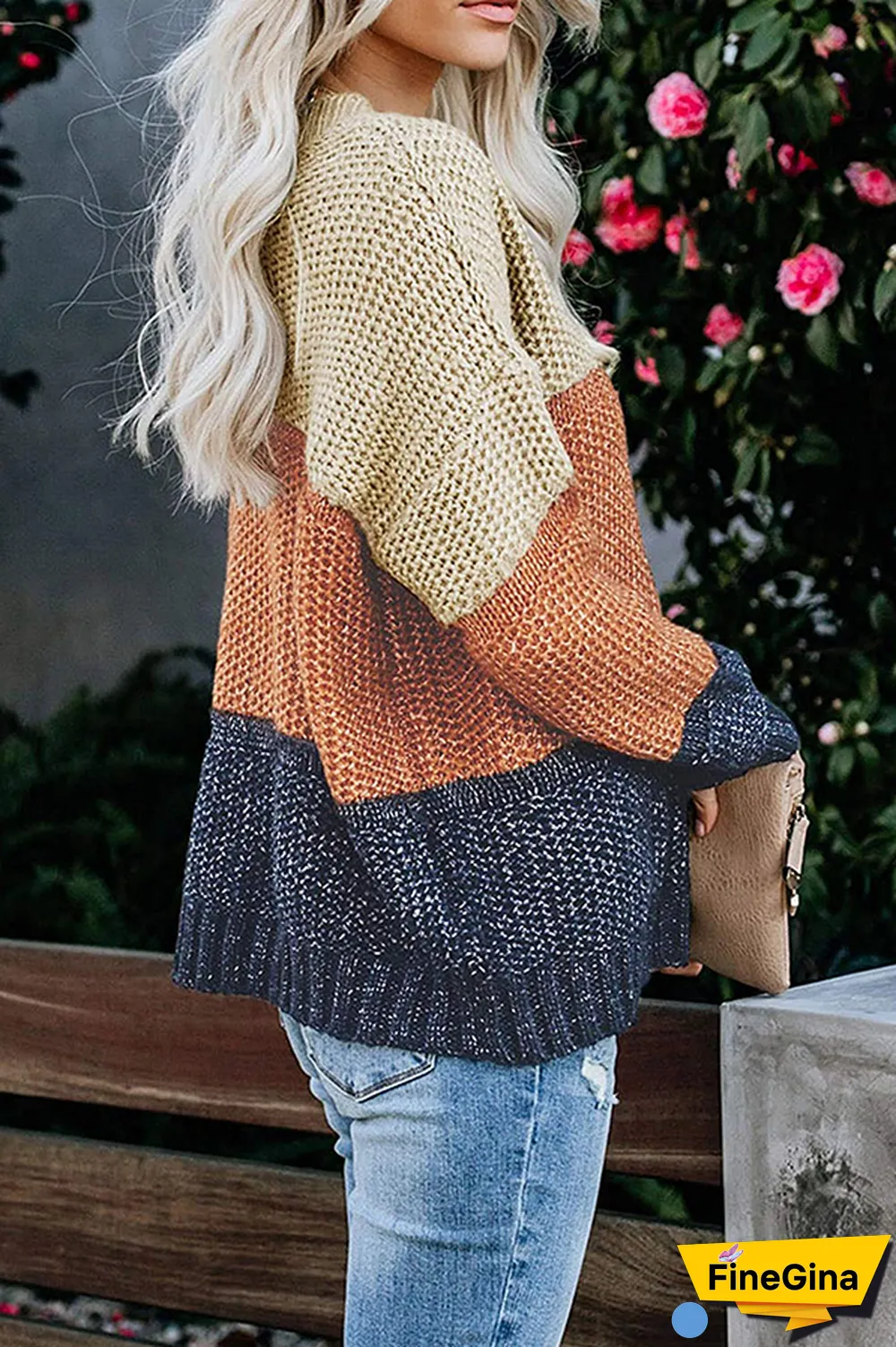Casual Patchwork Basic  Contrast O Neck Tops Sweater