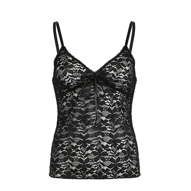 Ueong Hot Girl Style Perspective Lace Thin Tie Splicing V-Collar Slim Solid Color Sling Vest 2024