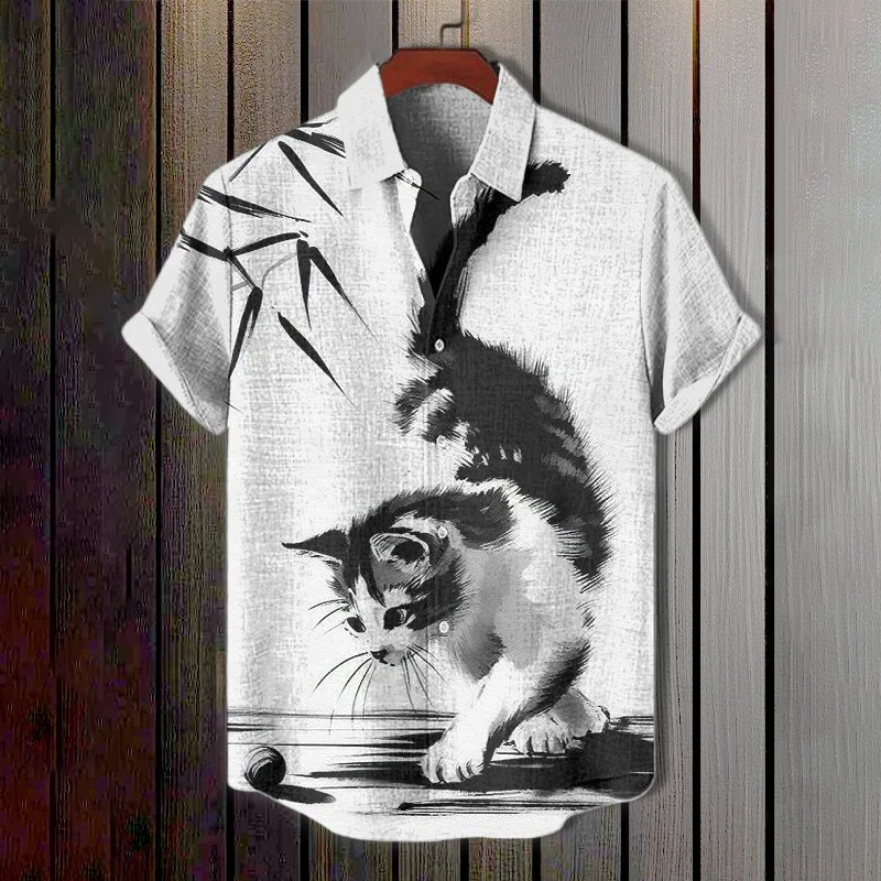 Men's Ink Art Bicolor Cat Bamboo Print Short Sleeve Shirt