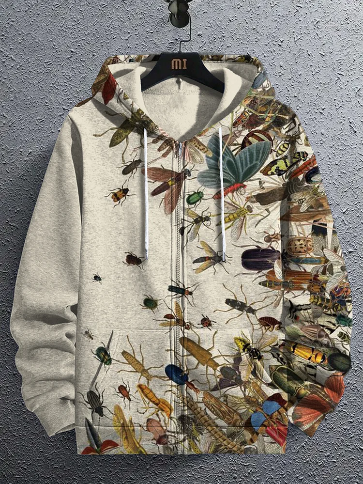 Men's Retro Cicada Bee Insect Boho Art Print Casual Hooded Zip Up Jacket
