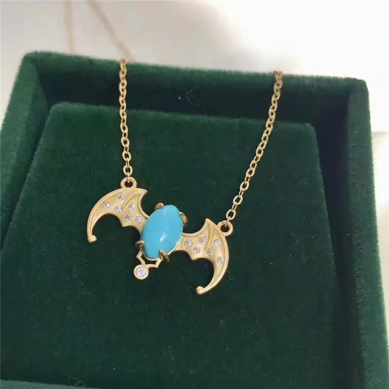 Natural Turquoise Bat Blessing Pendant Necklace