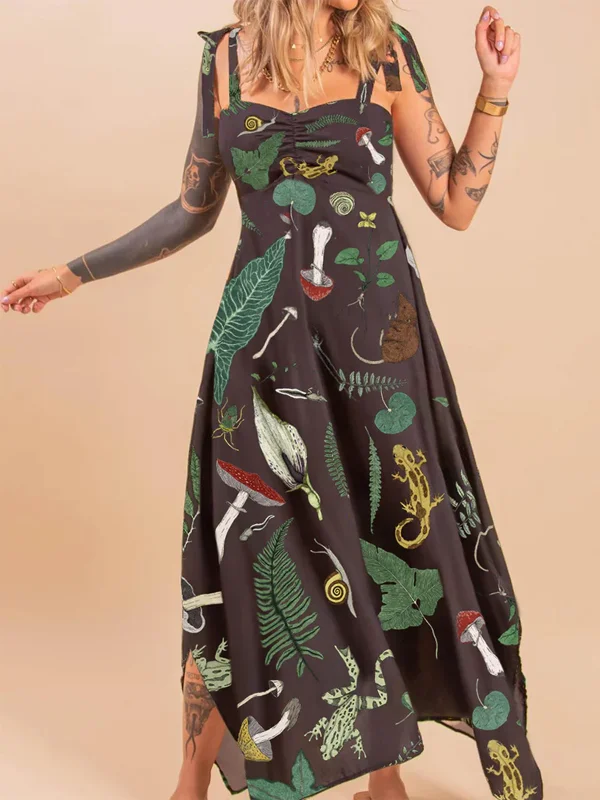 Women's Sling Fantasy Mushroom Forest Print Maxi Dress