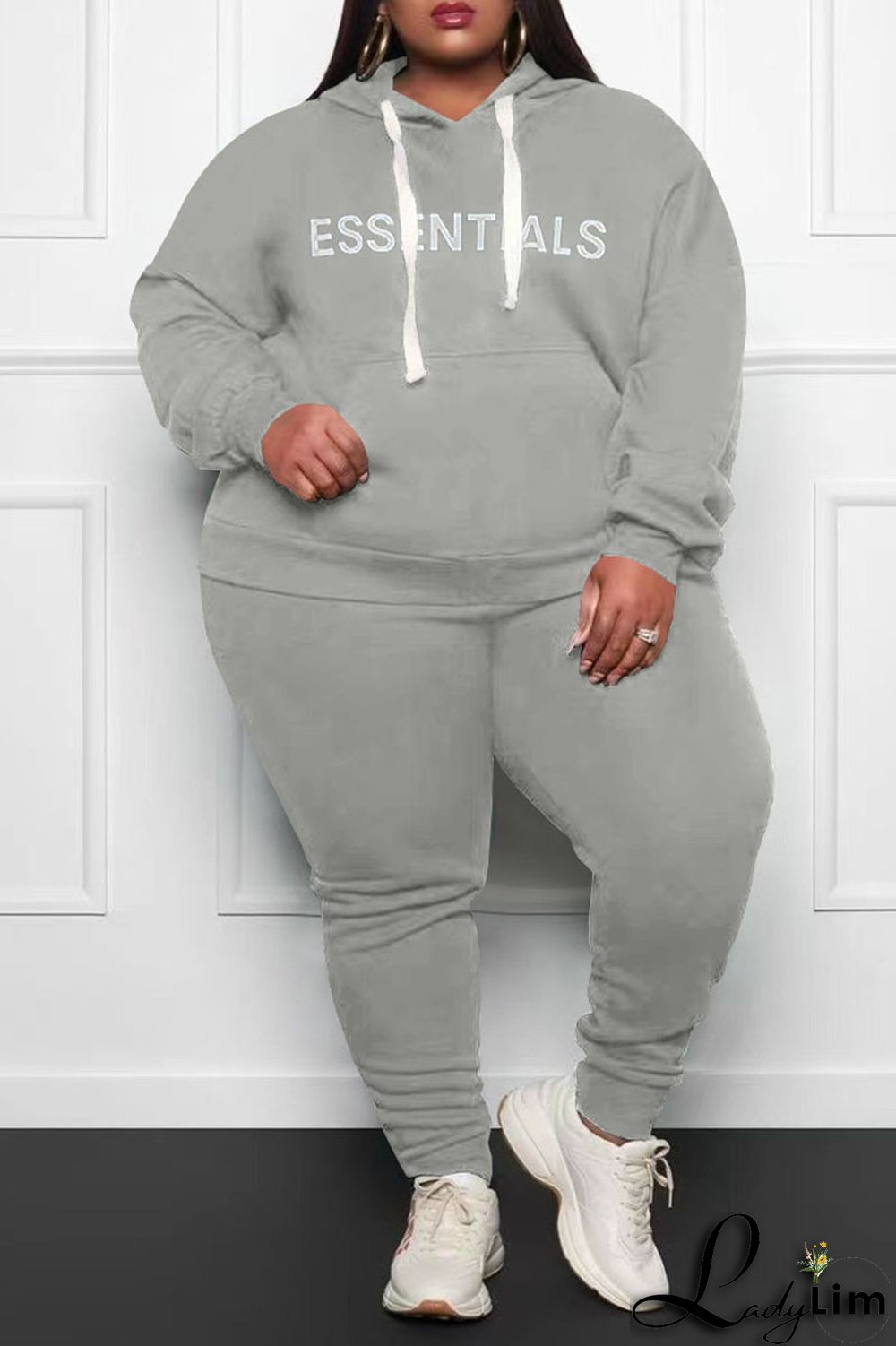 Grey Casual Print Split Joint Hooded Collar Plus Size Two Pieces