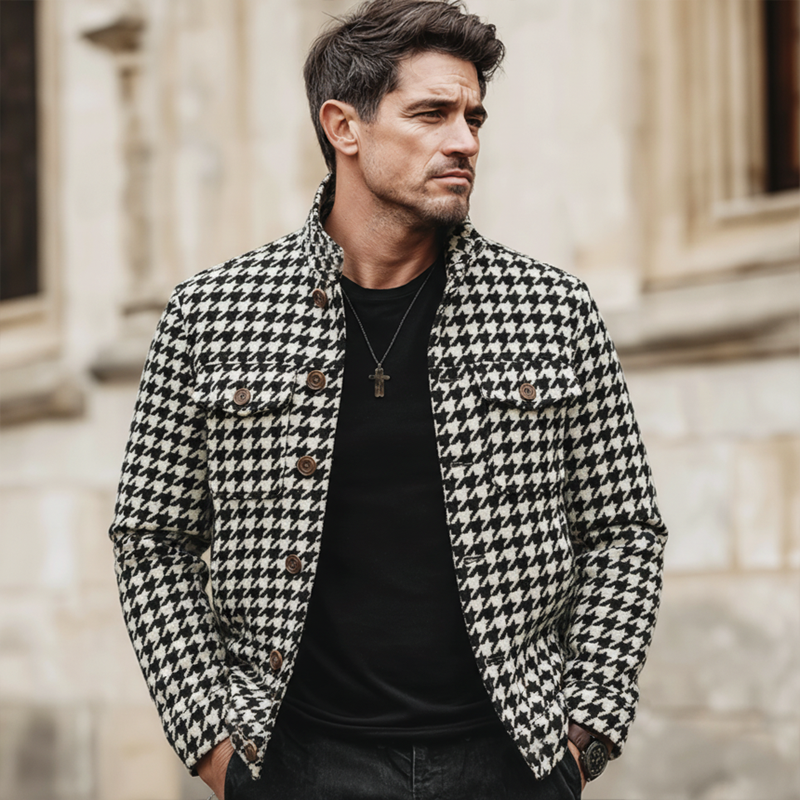 Men's Classic Stand-collar Houndstooth Faux Wool Button-up Jacket