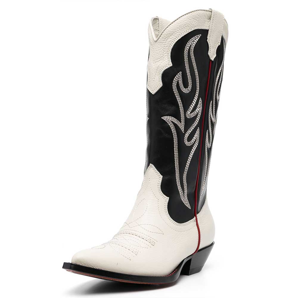 Black & White Pointed Toe Chunky Heel Embroidered Wide Calf Boots Nicepairs