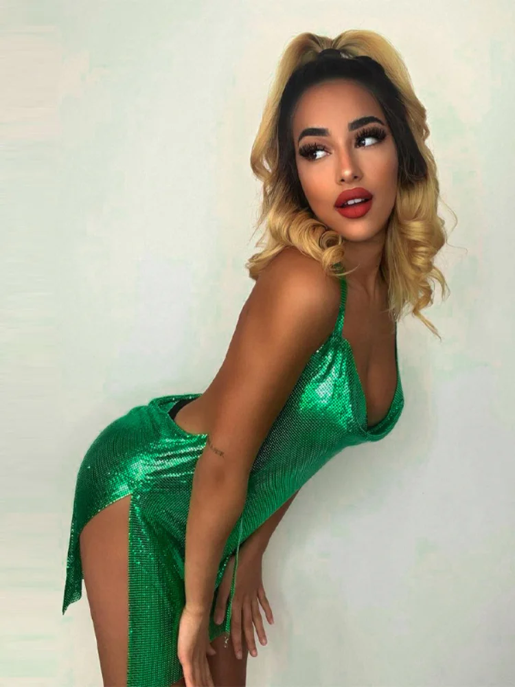 Women's Sexy Shining Sequin Hanging Neck Backless Party Dance Dress