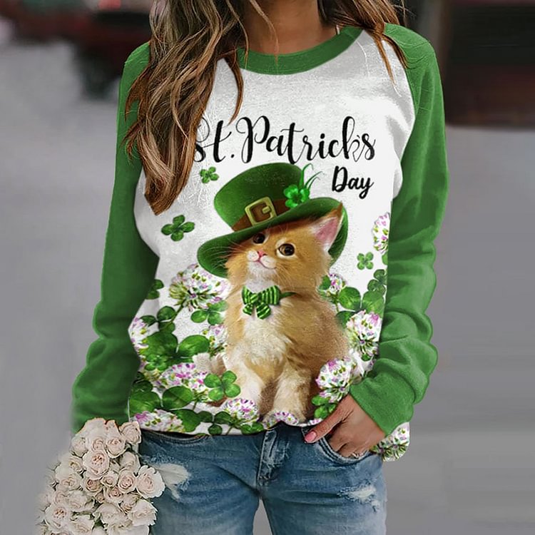 Comstylish Cat Clover St. Patrick's Day Round Neck Long Sleeve Sweatshirt
