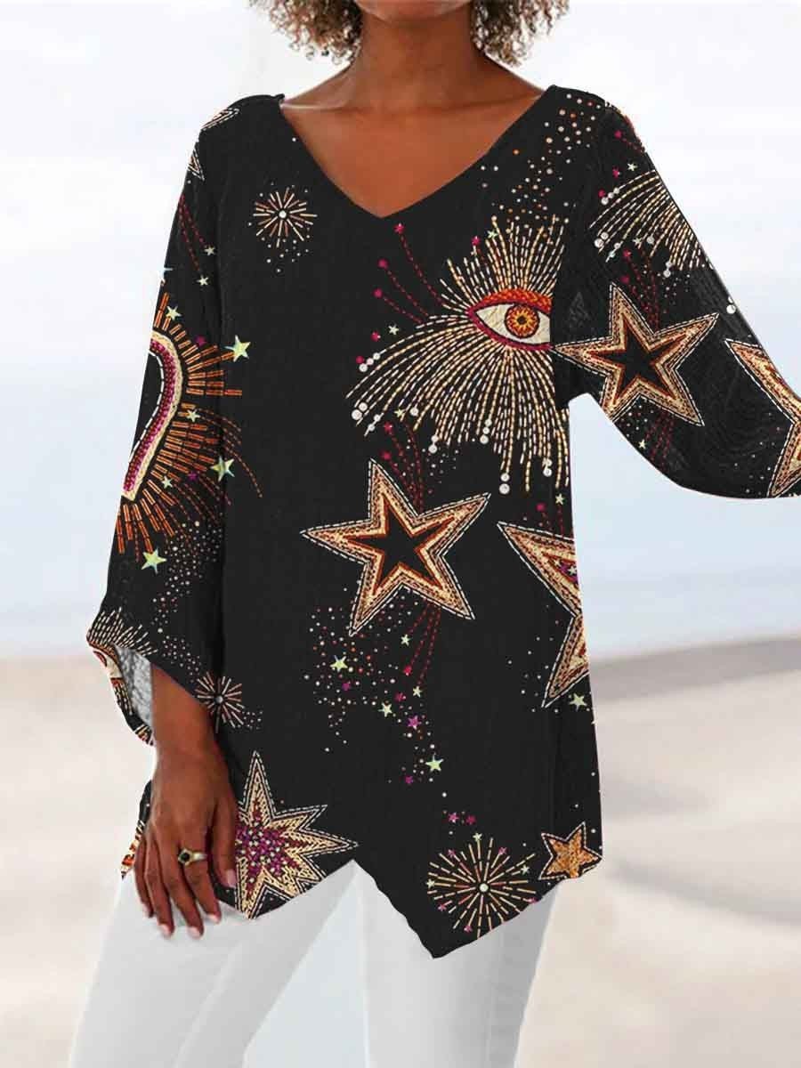 Women Asymmetrical 3/4 Sleeve V-neck Polka Dot Printed Top Dress