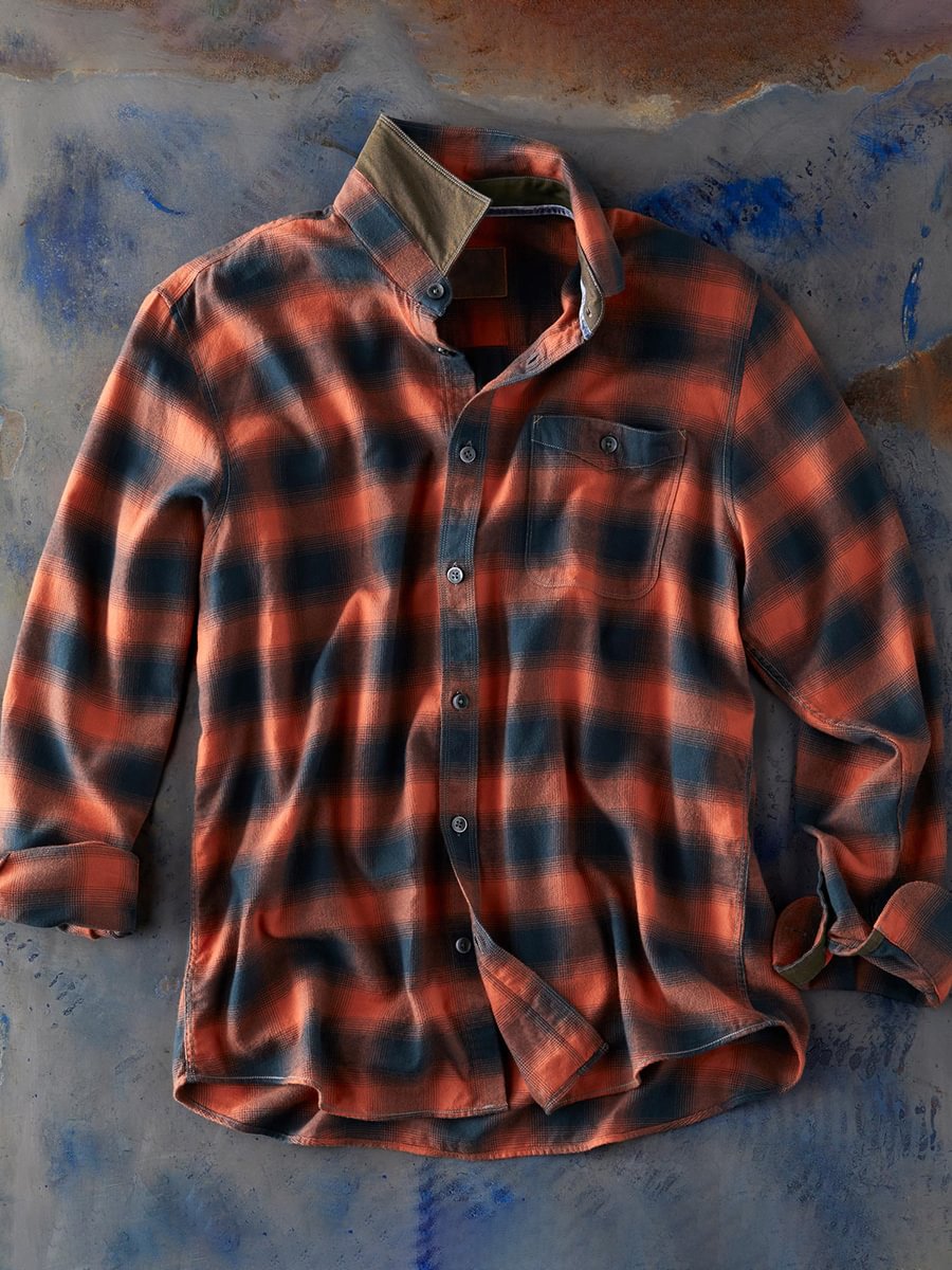 Men's Orange Plaid Casual Long Sleeve Cotton Linen Shirt