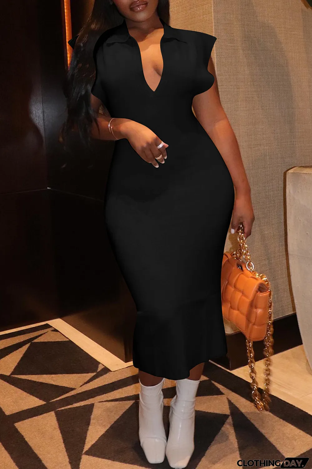 Pink Fashion Casual Solid Basic Turndown Collar Sleeveless Dress