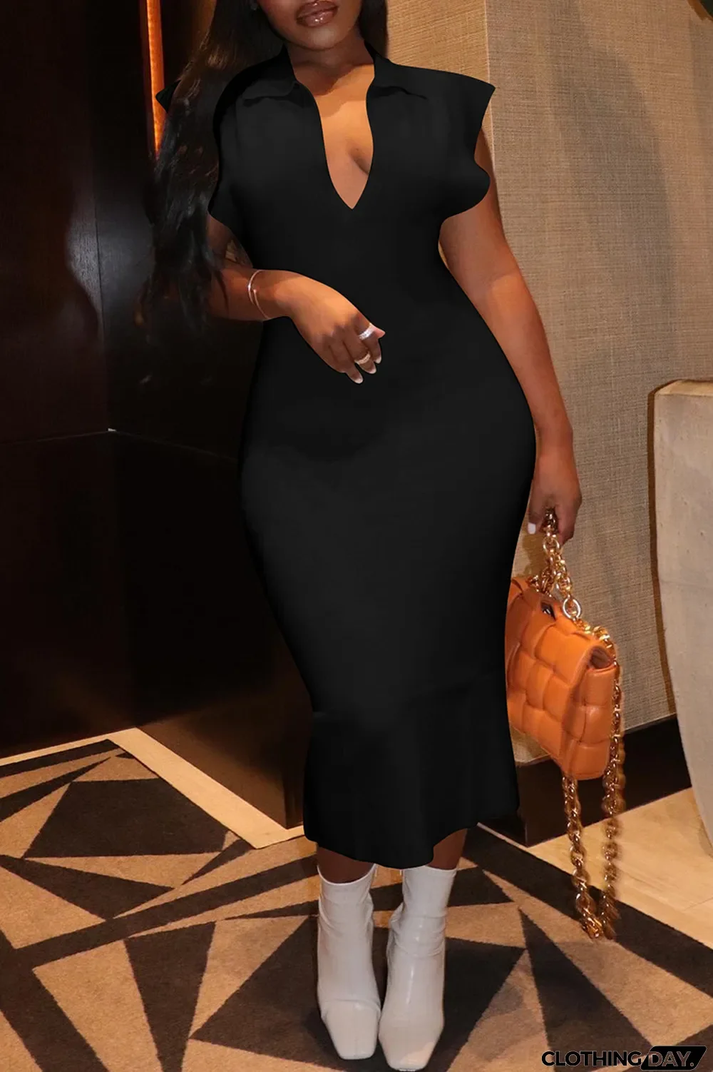 Pink Fashion Casual Solid Basic Turndown Collar Sleeveless Dress