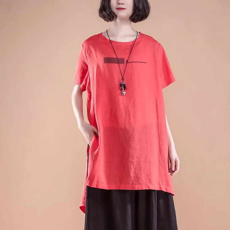 New natural linen t shirt plus size Short Sleeve slit Summer Casual Red Women Tops
