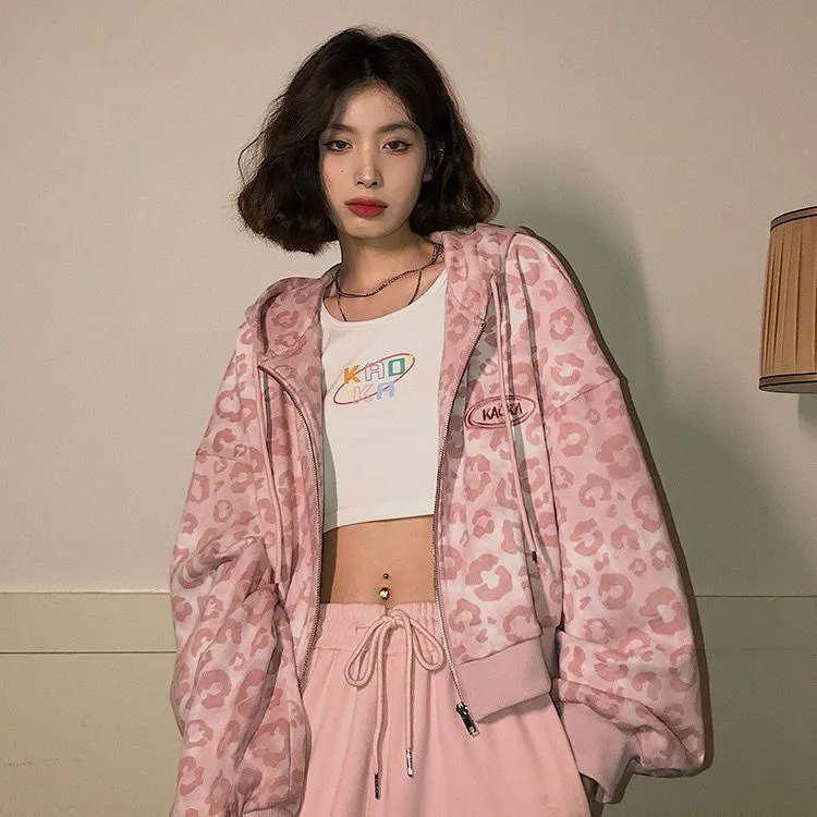 Women's Y2K Pink Leopard Print Cropped Zip Up Hoodie Long Sleeve Crop Sweatshirt